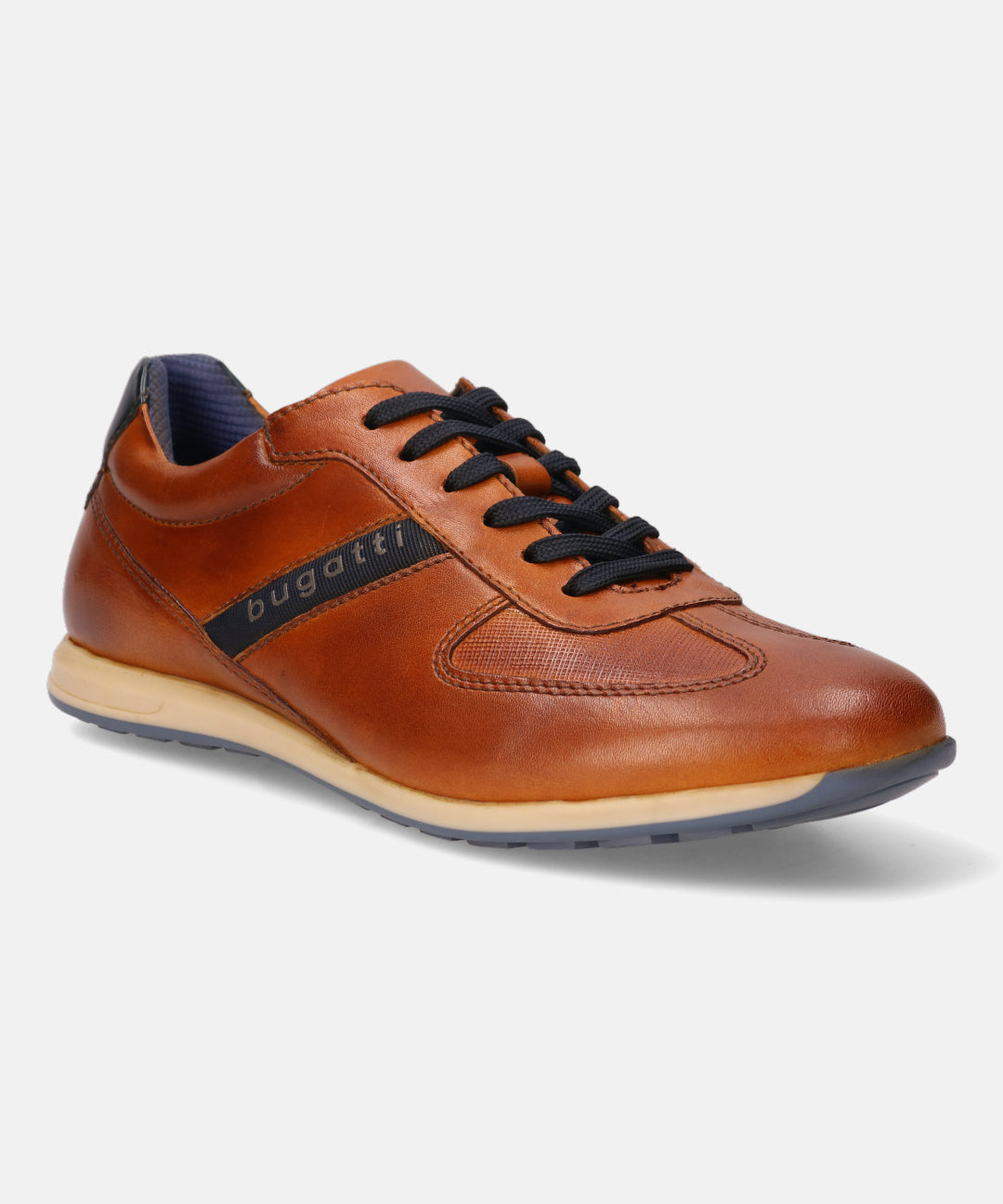 A cognac Men's bugatti Sneakers featuring a round plain toe, zero heels heel. Made from premium genuine leather with a durable tr outsole, this laces design offers both style and comfort.