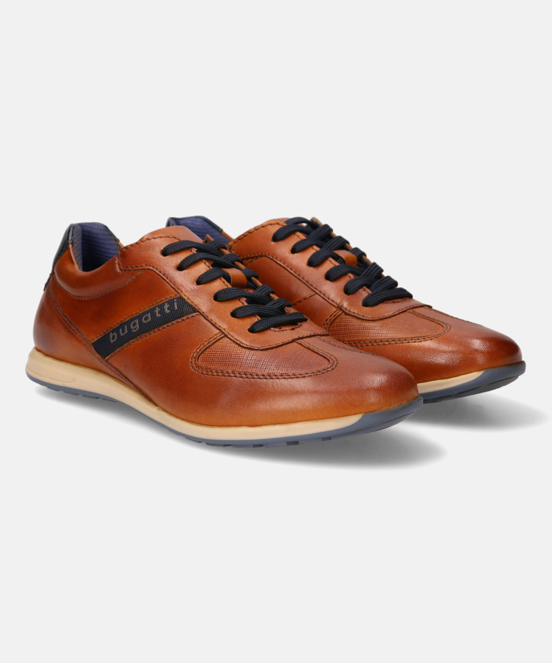 A cognac Men's bugatti Sneakers featuring a round plain toe, zero heels heel. Made from premium genuine leather with a durable tr outsole, this laces design offers both style and comfort.