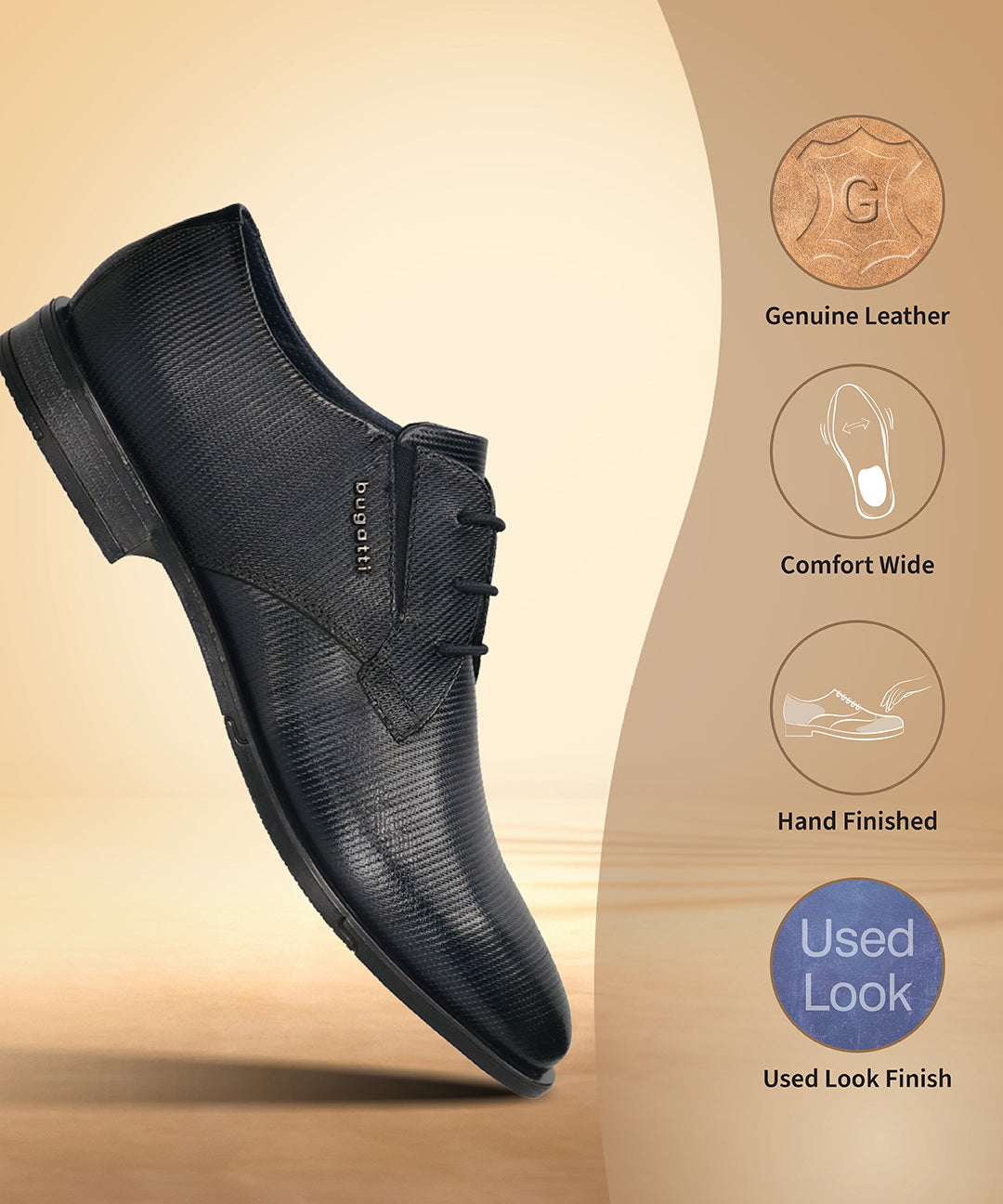 Men's Bugatti derby blue leather shoes with a round toe and plain toe featuring a moulded heel , a tpr outsole , and laces fastening.