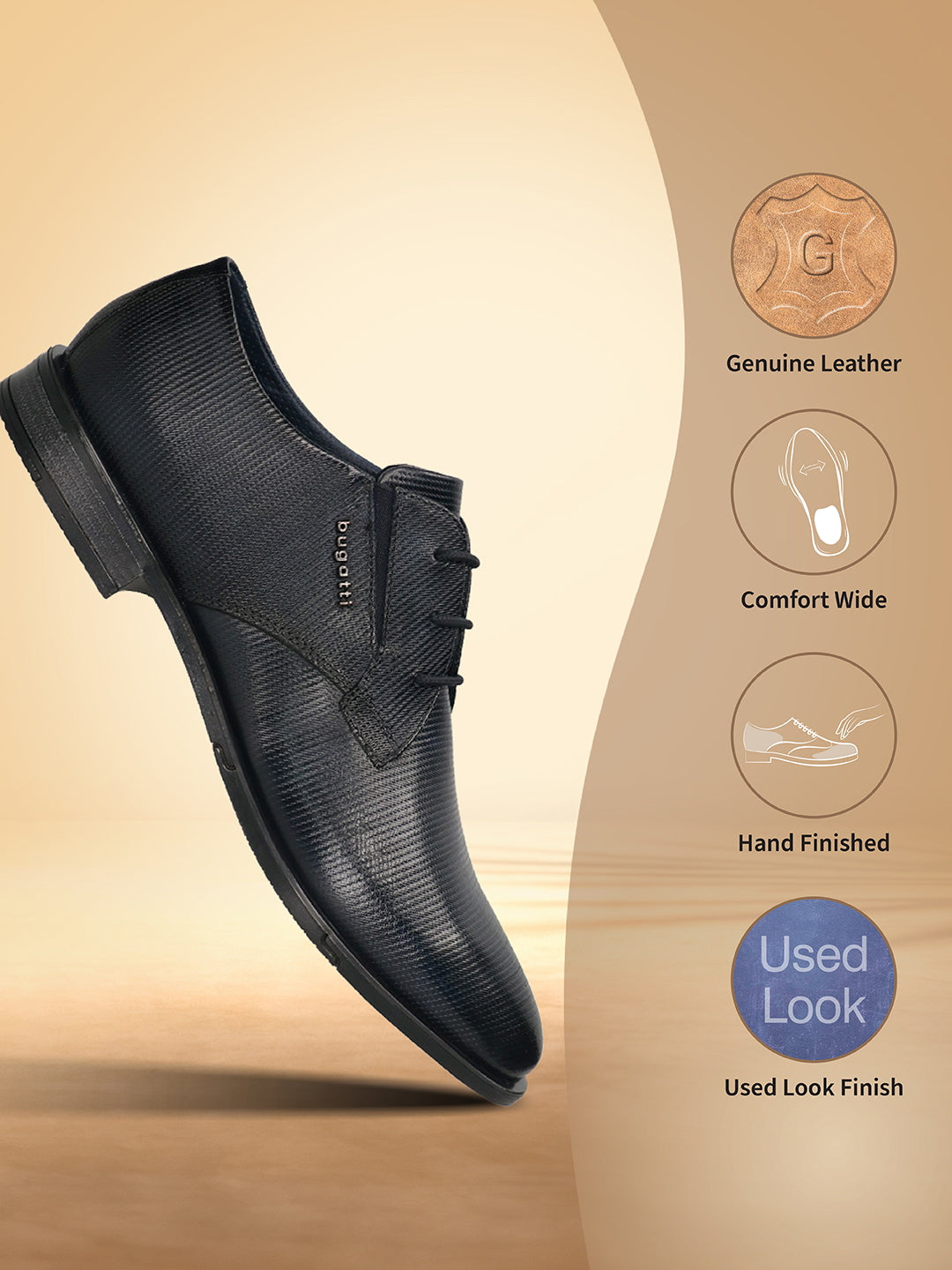 Men's Bugatti derby blue leather shoes with a round toe and plain toe featuring a moulded heel , a tpr outsole , and laces fastening.