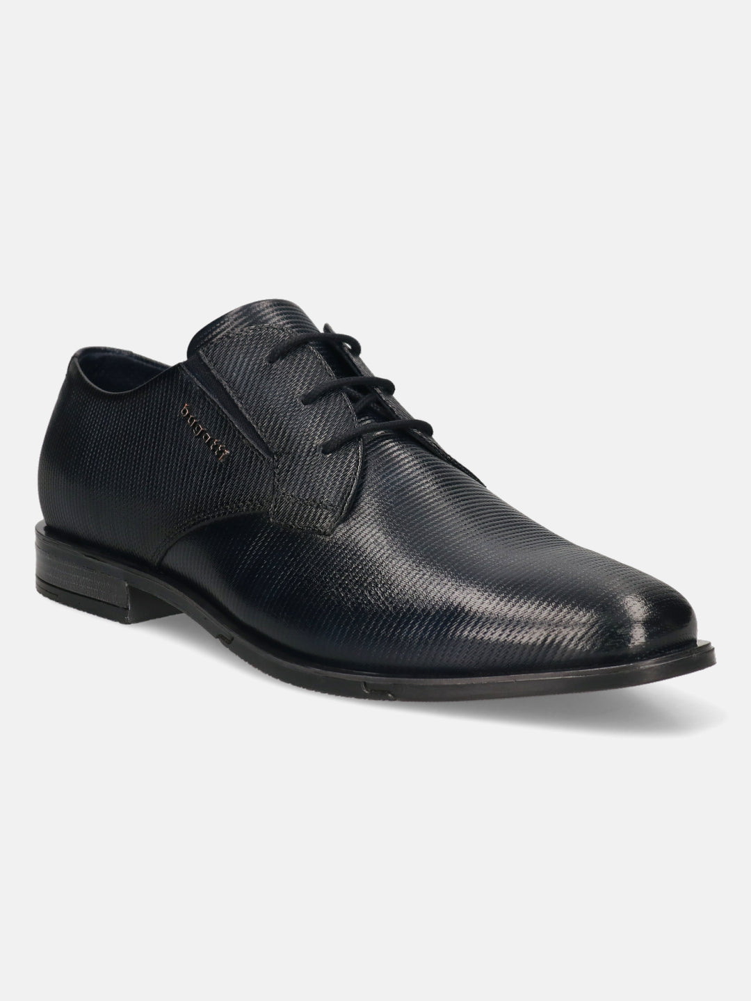 Men's Bugatti derby blue leather shoes with a round toe and plain toe featuring a moulded heel , a tpr outsole , and laces fastening.