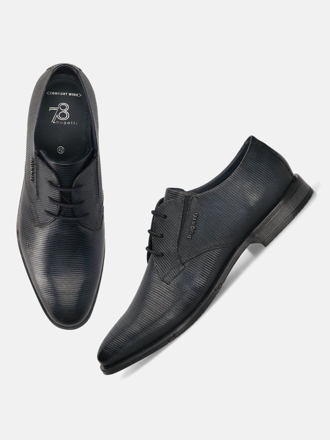 Men's Bugatti derby blue leather shoes with a round toe and plain toe featuring a moulded heel , a tpr outsole , and laces fastening.