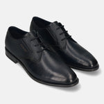 Men's Bugatti derby blue leather shoes with a round toe and plain toe featuring a moulded heel , a tpr outsole , and laces fastening.