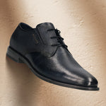 Men's Bugatti derby blue leather shoes with a round toe and plain toe featuring a moulded heel , a tpr outsole , and laces fastening.
