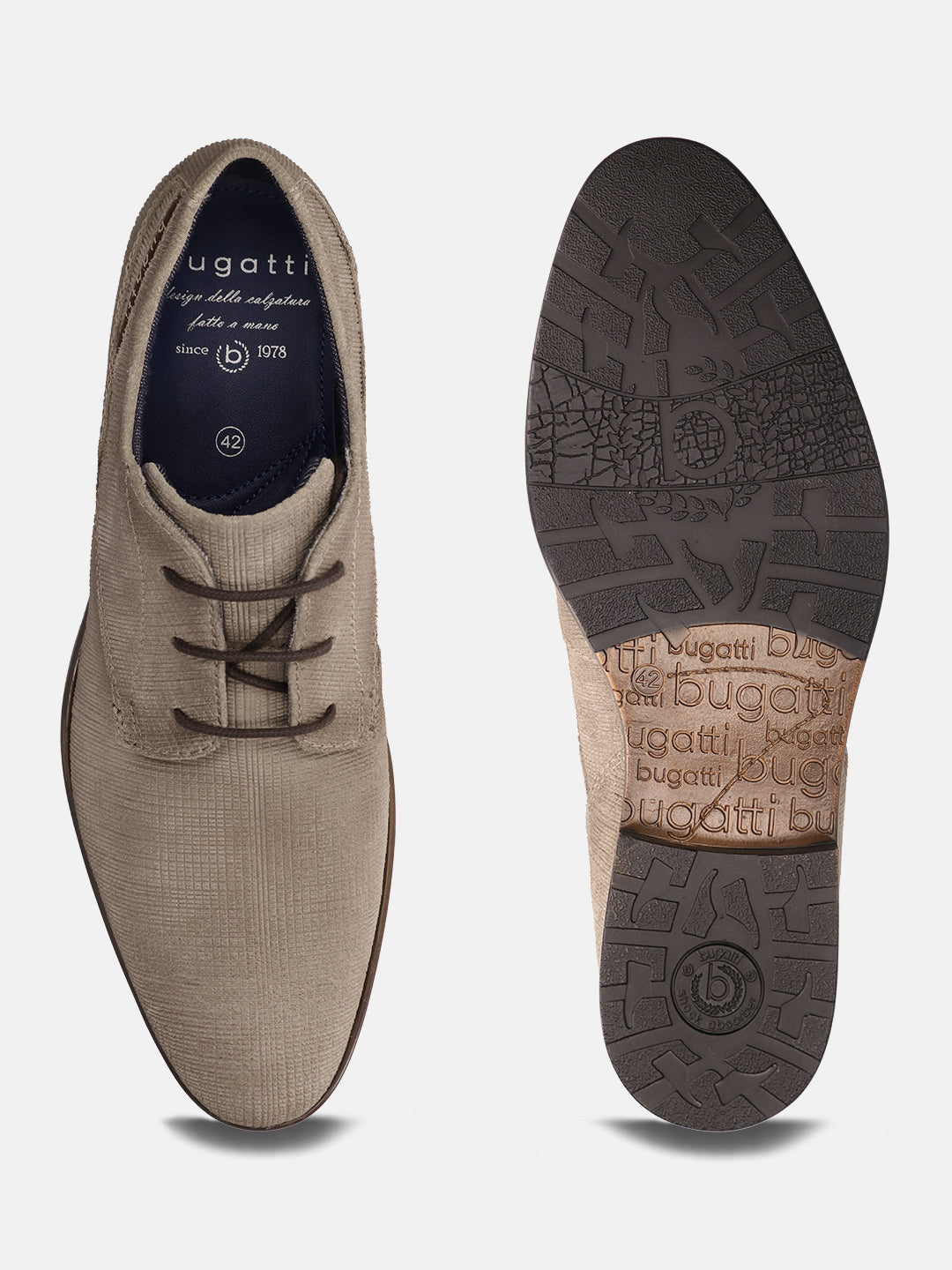 A taupe Men's bugatti Casuals Shoes featuring a round toe plain toe, stacked heel. Made from suede leather with a durable high quality synthetic outsole, this laces design offers both style and comfort.