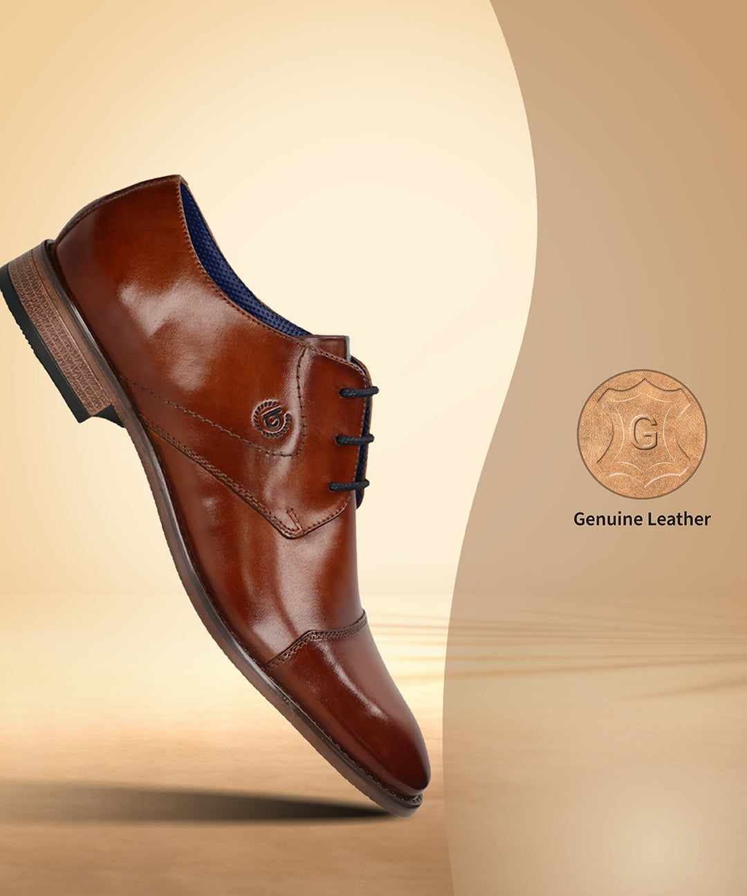 Men's Bugatti derby cognac leather shoes with a pointed toe and cap toe featuring a moulded heel , a tpr outsole , and laces fastening.