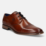 Men's Bugatti derby cognac leather shoes with a pointed toe and cap toe featuring a moulded heel , a tpr outsole , and laces fastening.