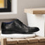 Men's Bugatti derby black leather shoes with a pointed toe and cap toe featuring a moulded heel , a tpr outsole , and laces fastening.
