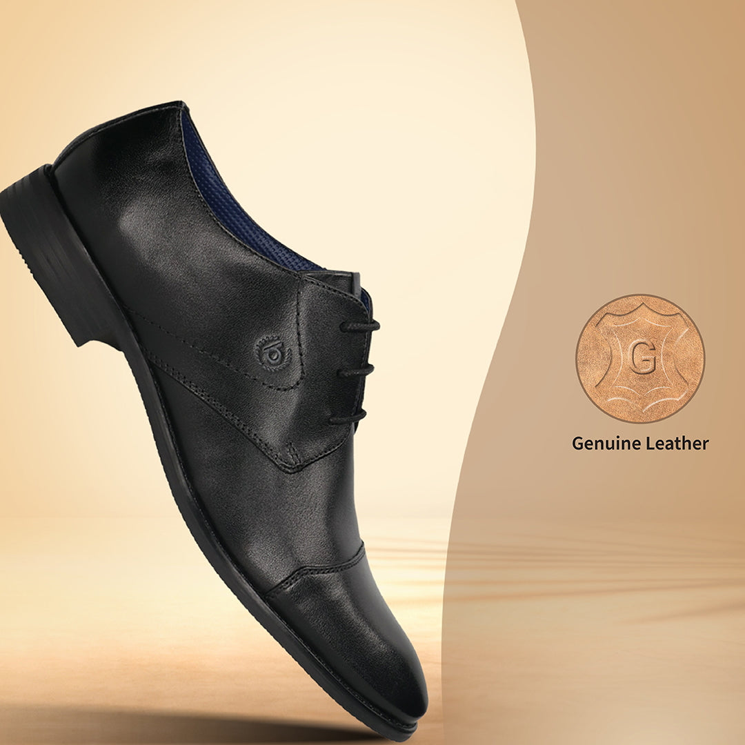 Men's Bugatti derby black leather shoes with a pointed toe and cap toe featuring a moulded heel , a tpr outsole , and laces fastening.