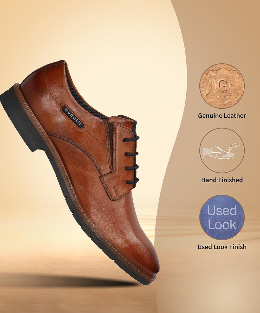 Men's Bugatti derby cognac leather shoes with a round toe and plain toe featuring a stacked heel , a tpr outsole , and laces fastening.