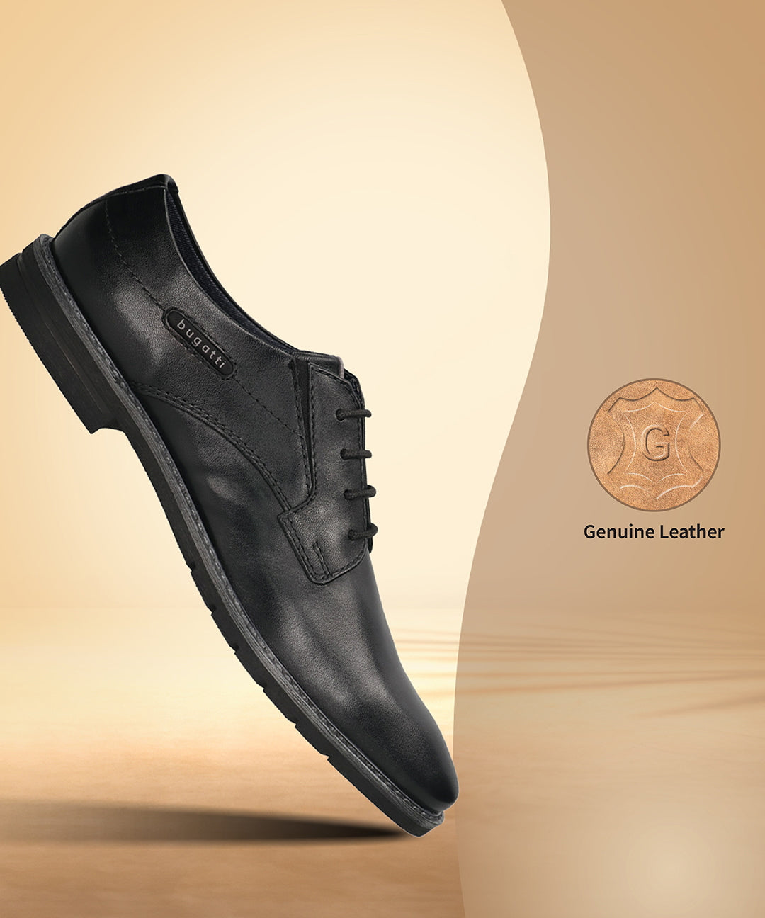 Men's Bugatti derby black leather shoes with a round toe and plain toe featuring a stacked heel , a tpr outsole , and laces fastening.