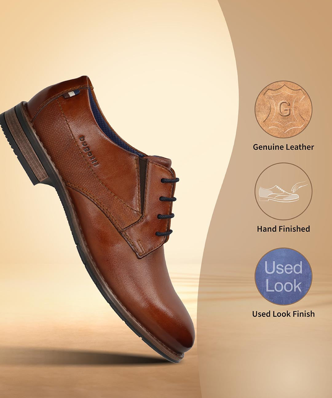Men's Bugatti derby cognac leather shoes with a round toe and plain toe featuring a moulded heel , a tpr outsole , and laces fastening.