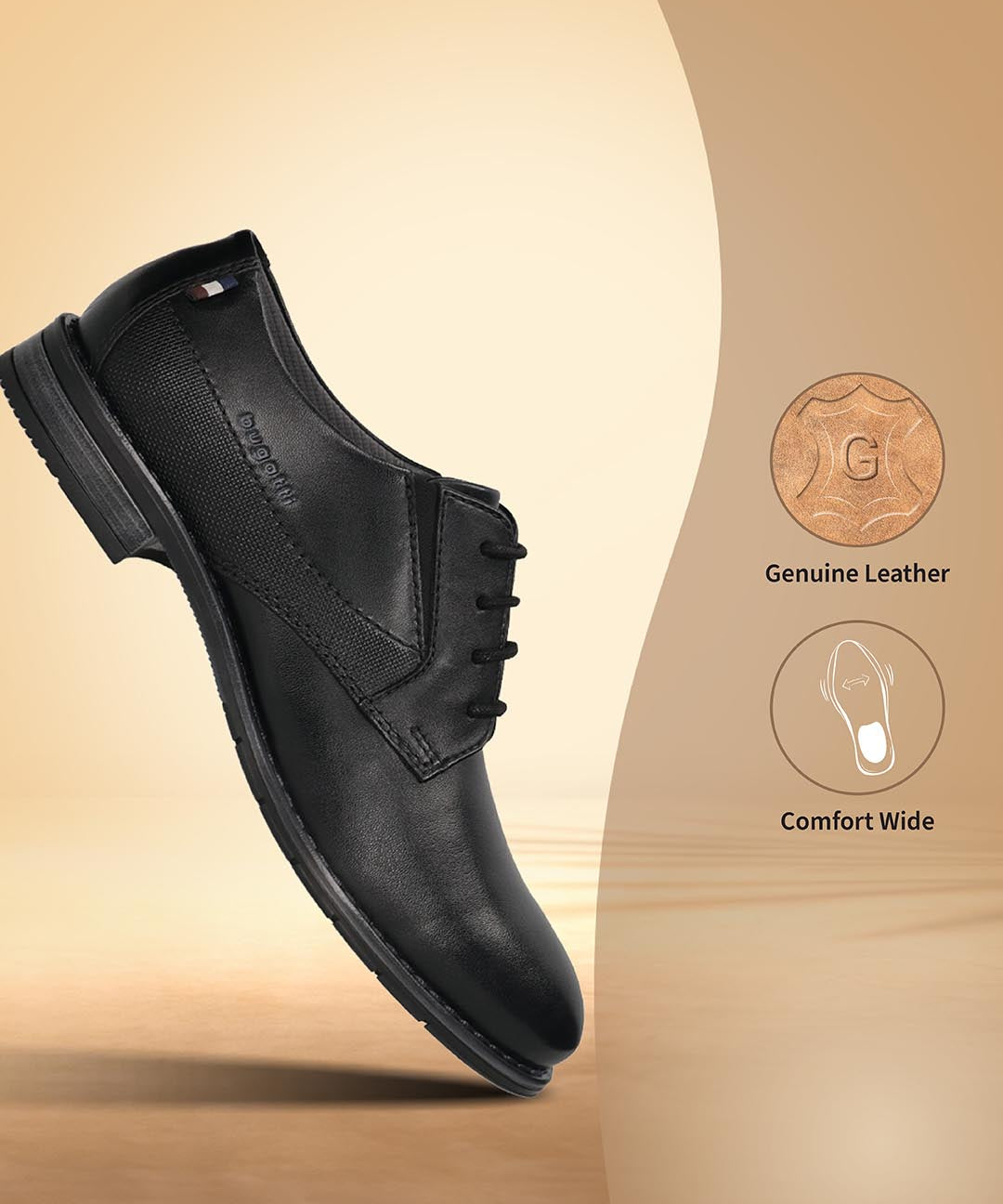 Men's Bugatti derby black leather shoes with a round toe and plain toe featuring a moulded heel , a tpr outsole , and laces fastening.