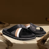 bugatti Black & Multicolour Premium Leather Cross Straps Sandals