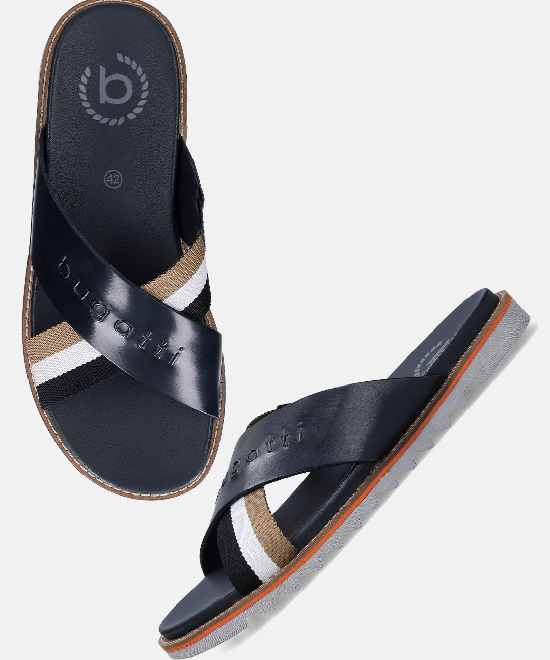 Bugatti Limon dark blue premium leather sandals featuring cross straps with striped detailing.