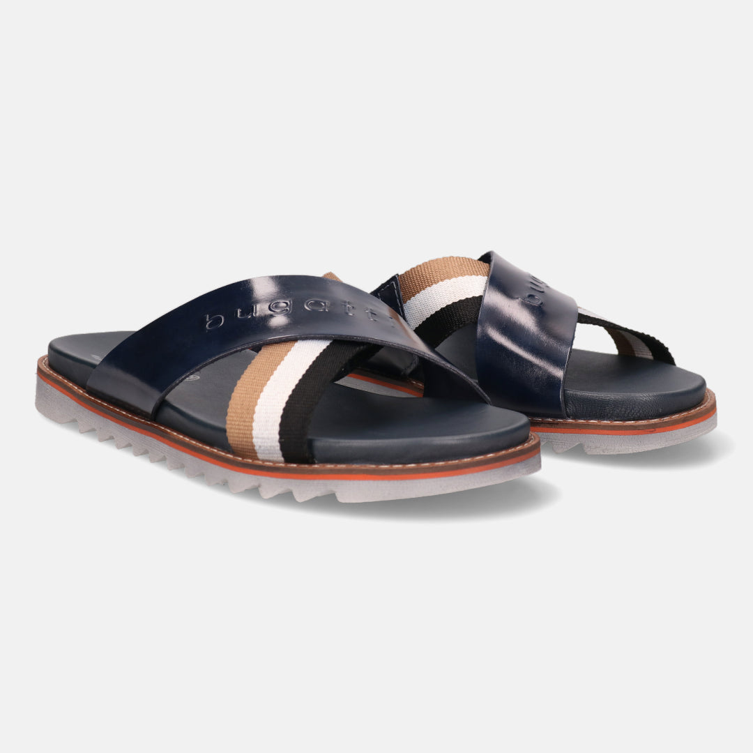 bugatti Limon Dark Blue Premium Leather Comfort Cross Strap Sandals