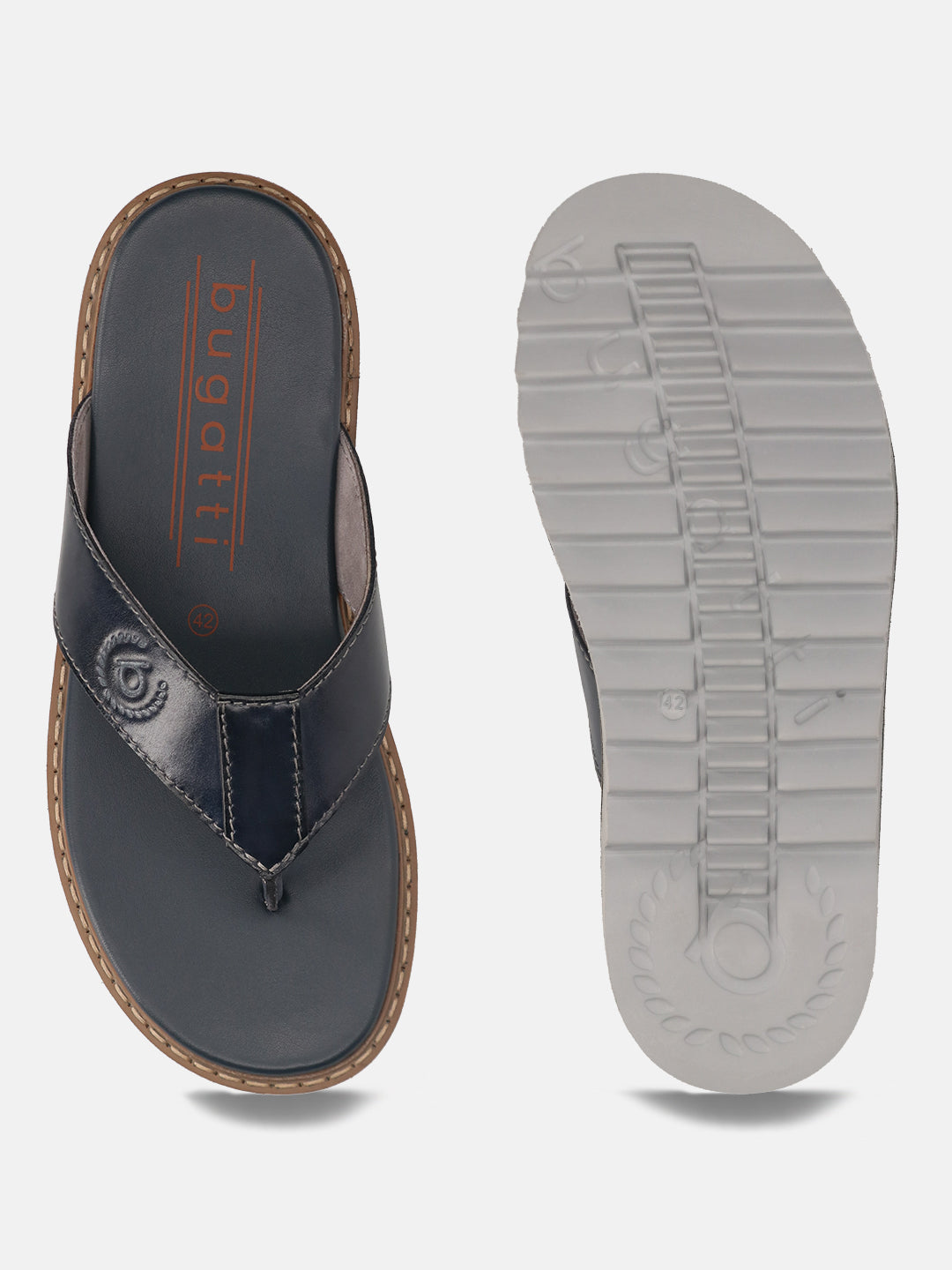 Men's Bugatti thong blue leather shoes with a round toe , a eva outsole.