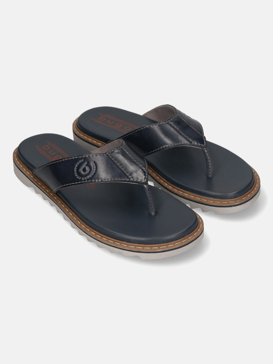 Men's Bugatti thong blue leather shoes with a round toe , a eva outsole.