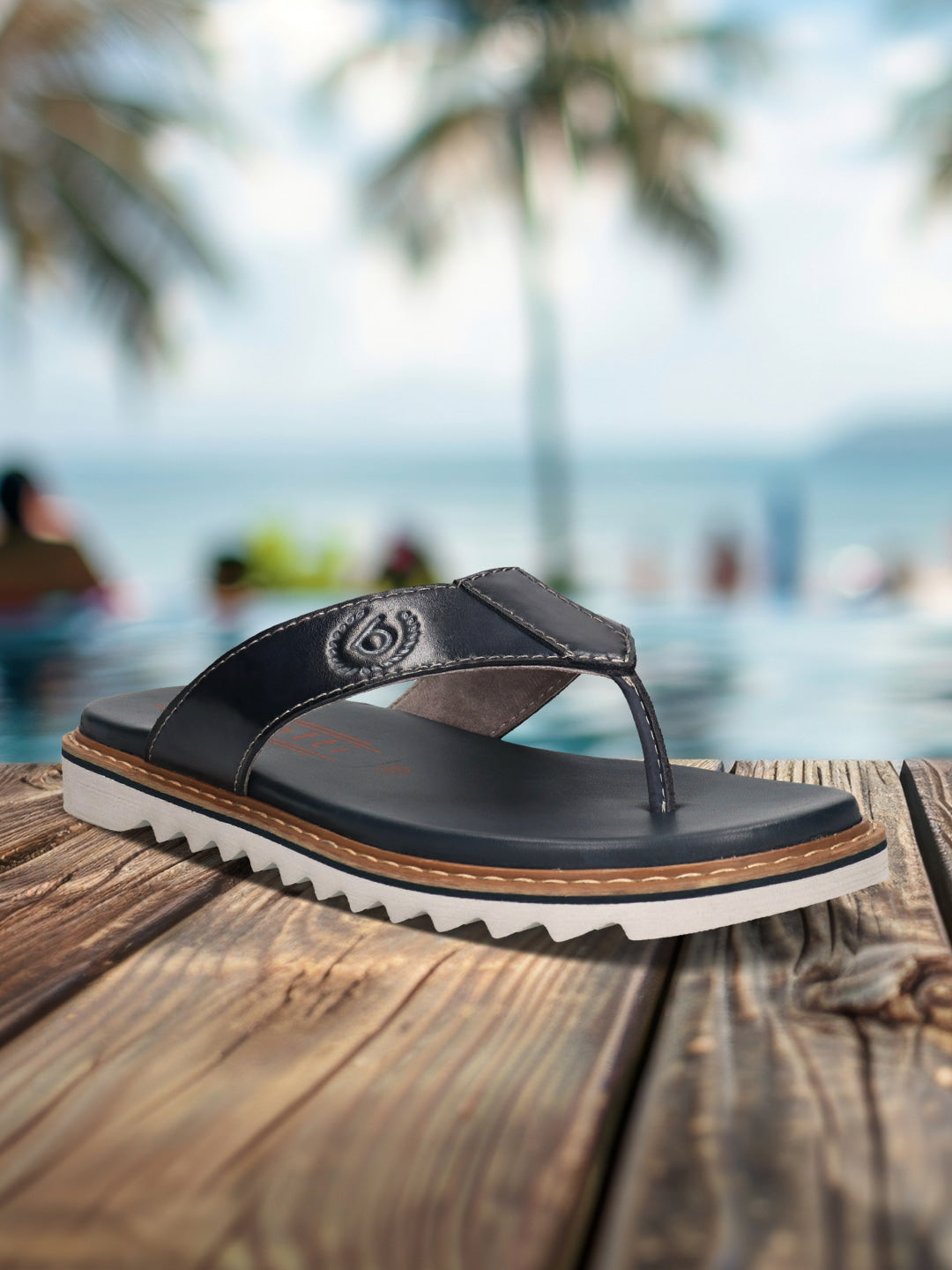 Men's Bugatti thong blue leather shoes with a round toe , a eva outsole.