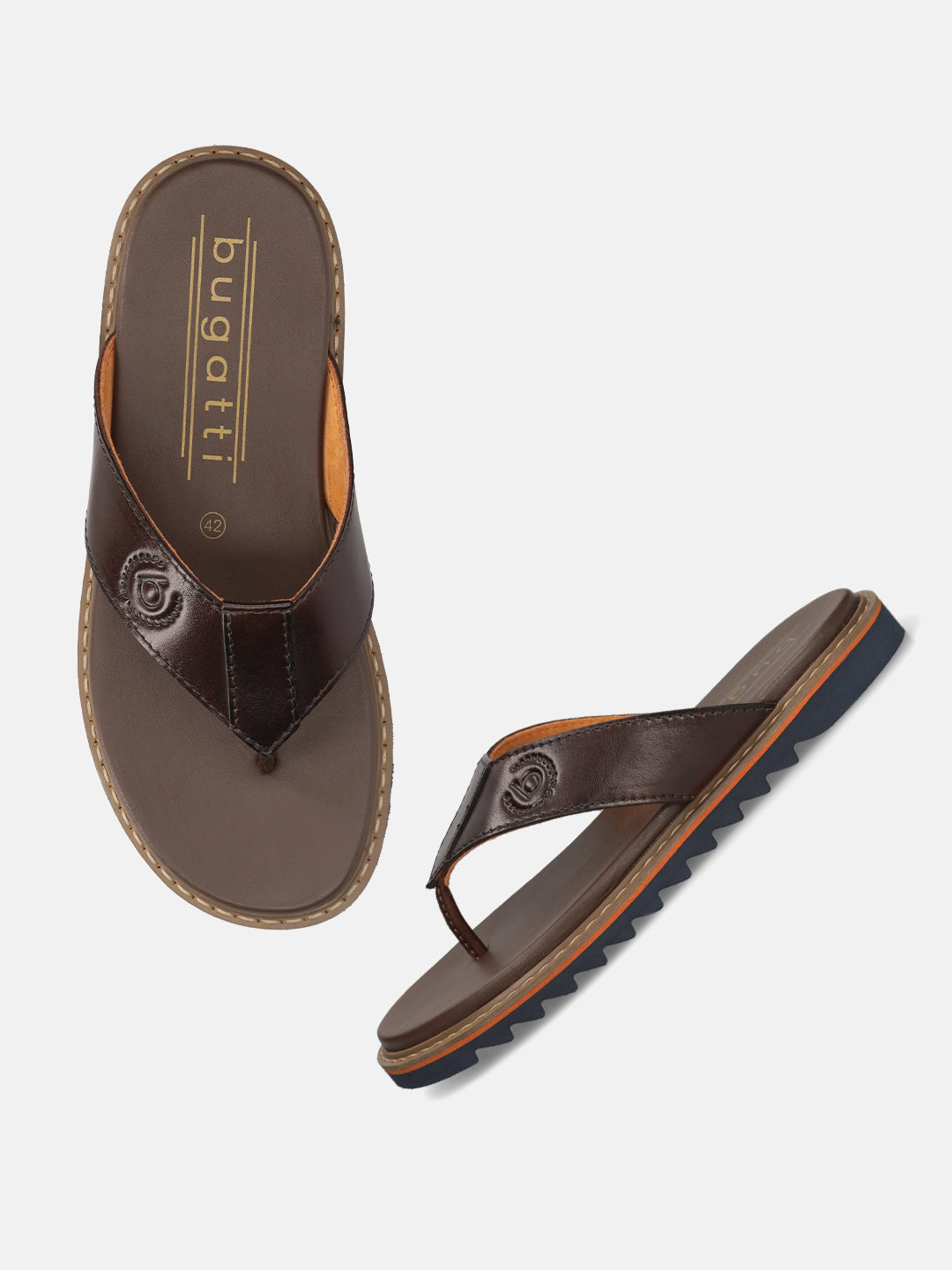 Men's Bugatti thong brown leather shoes with a round toe , a eva outsole.