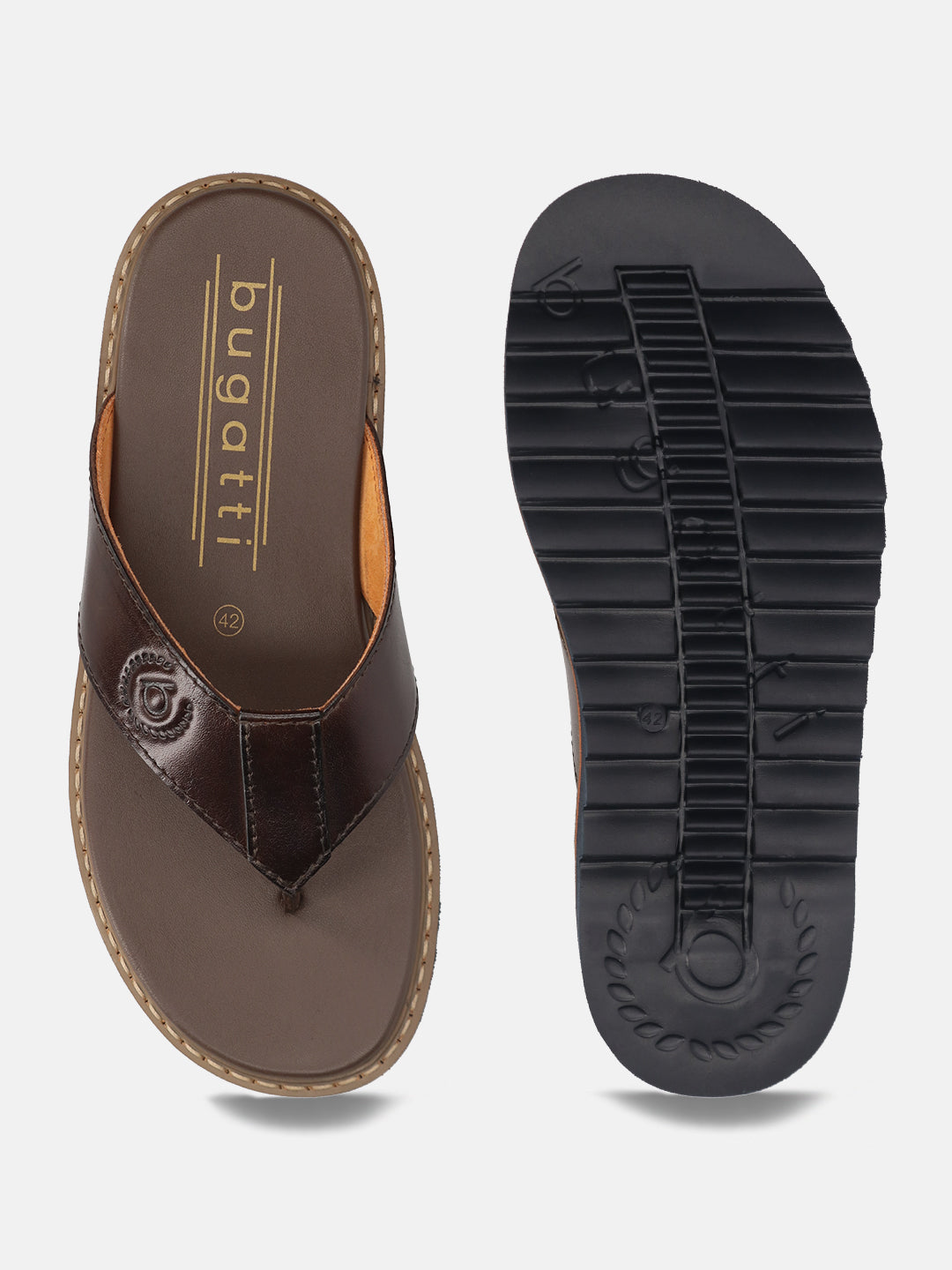 Men's Bugatti thong brown leather shoes with a round toe , a eva outsole.