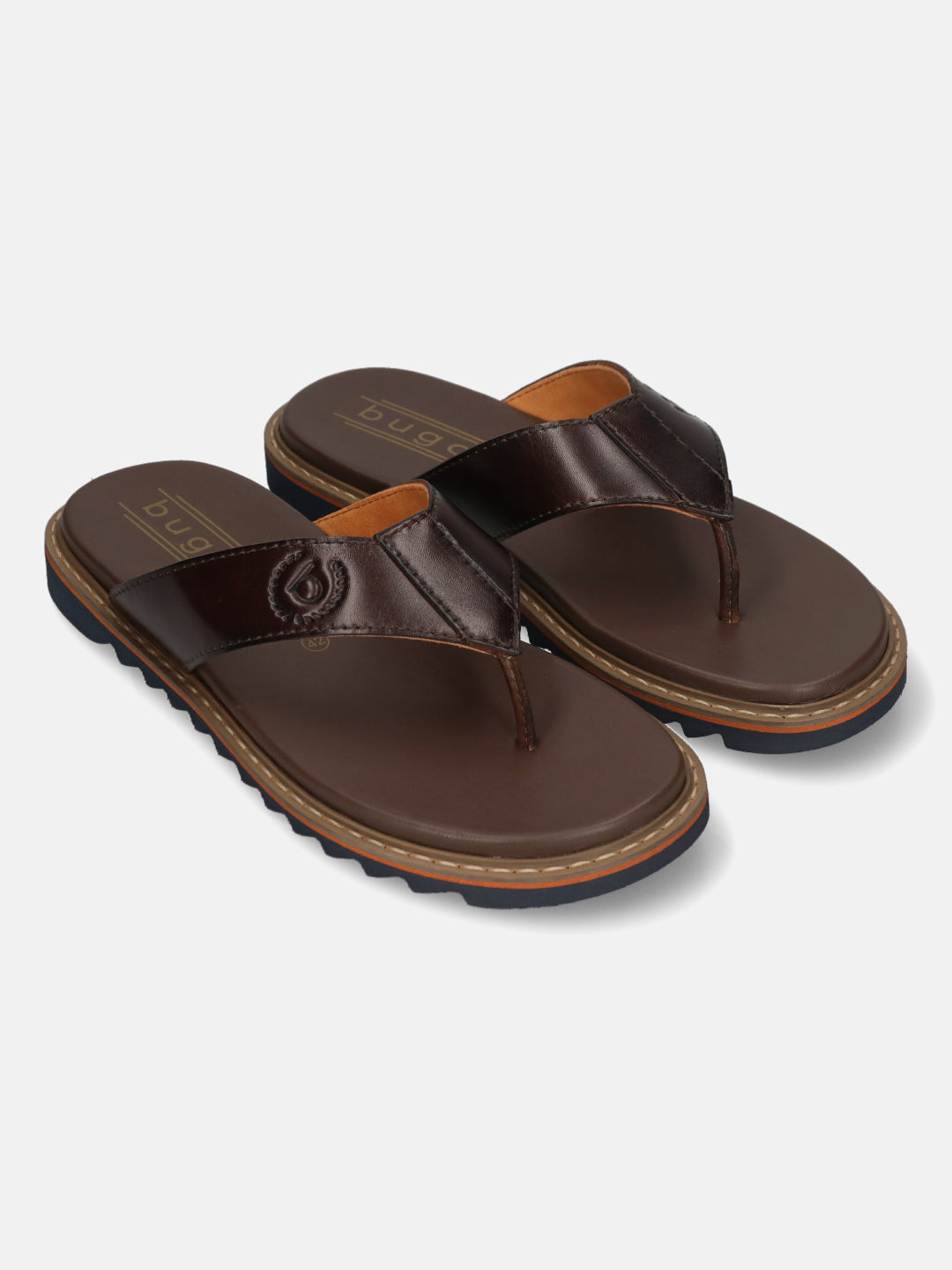 Men's Bugatti thong brown leather shoes with a round toe , a eva outsole.
