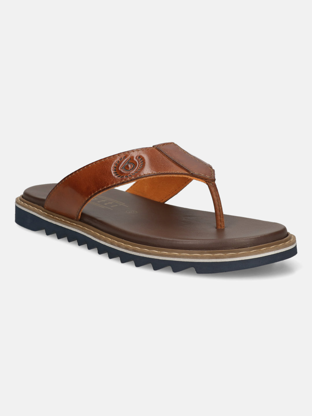 Men's Bugatti thong cognac leather shoes with a round toe , a eva outsole.