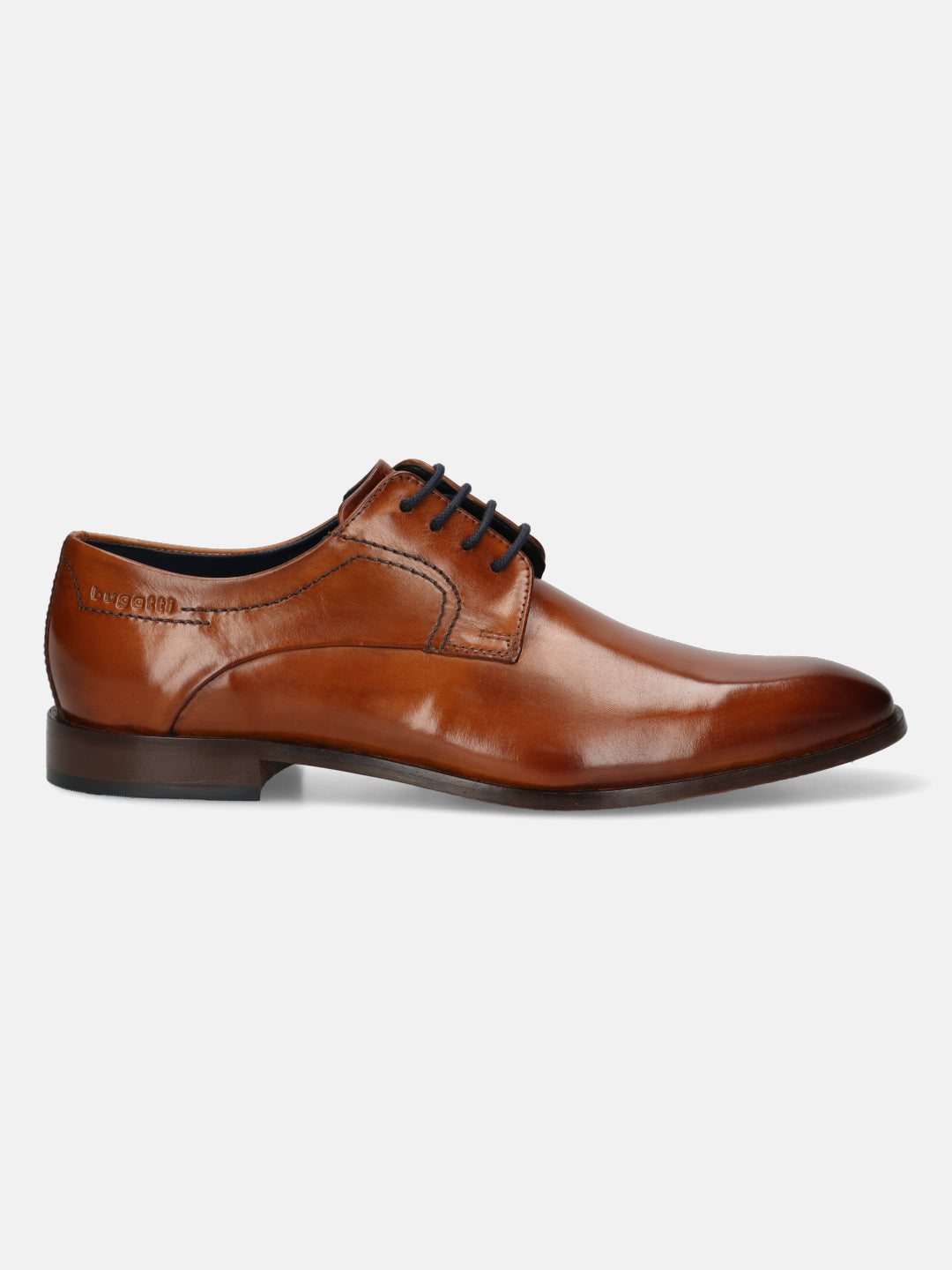 A cognac Men's bugatti Derby featuring a round toe plain toe, stacked heel. Made from premium genuine leather with a durable leather outsole, this laces design offers both style and comfort.