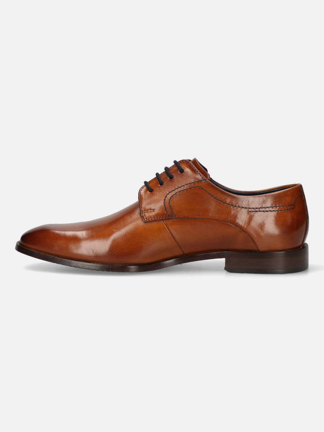 A cognac Men's bugatti Derby featuring a round toe plain toe, stacked heel. Made from premium genuine leather with a durable leather outsole, this laces design offers both style and comfort.
