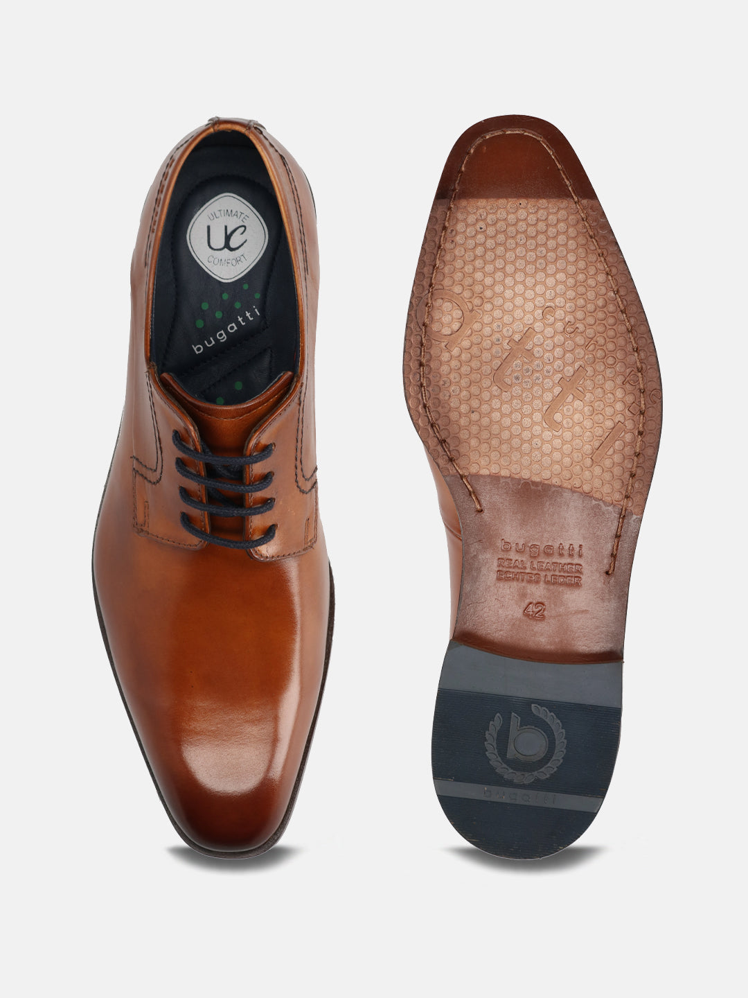 A cognac Men's bugatti Derby featuring a round toe plain toe, stacked heel. Made from premium genuine leather with a durable leather outsole, this laces design offers both style and comfort.