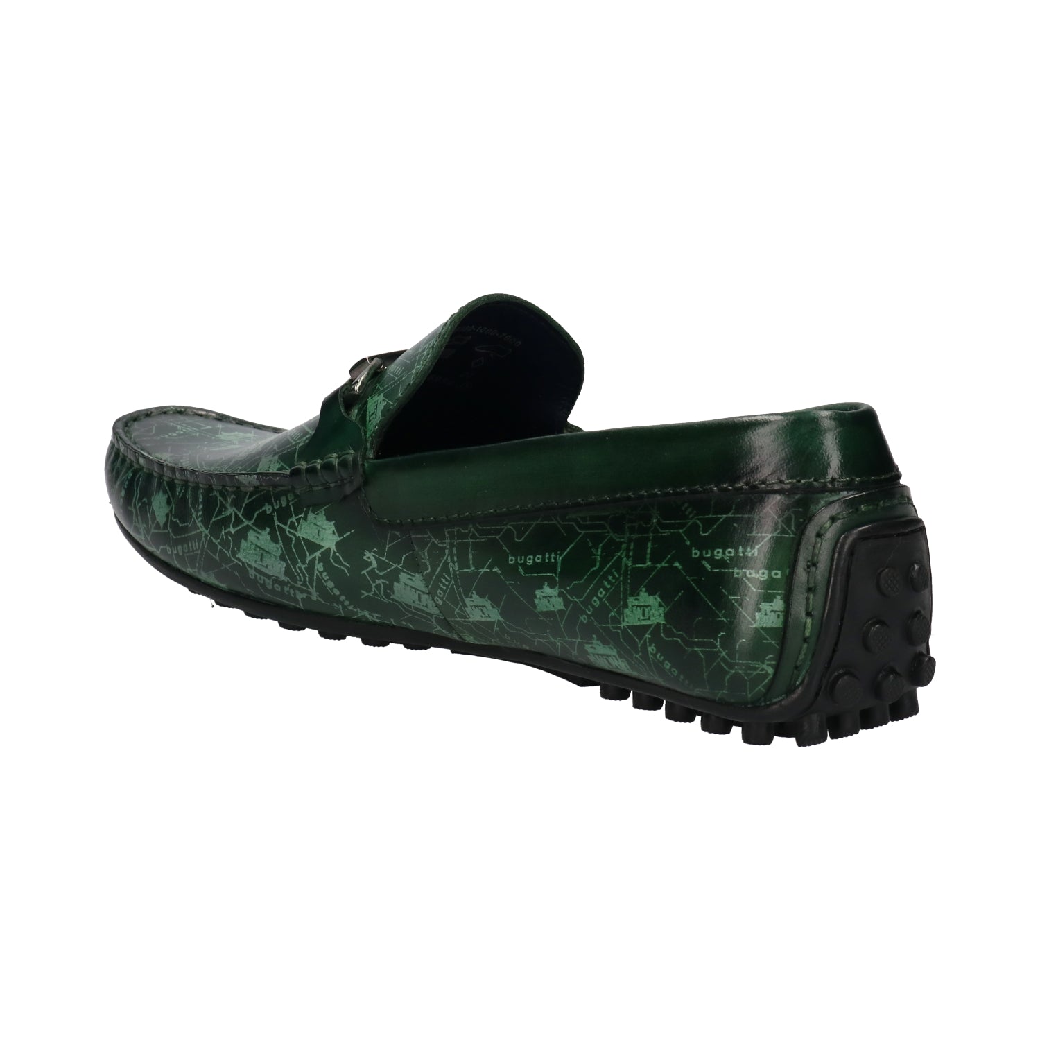 Back view of a green bugatti slip-on shoe with a printed pattern, leather upper, and a nubbed black sole.
