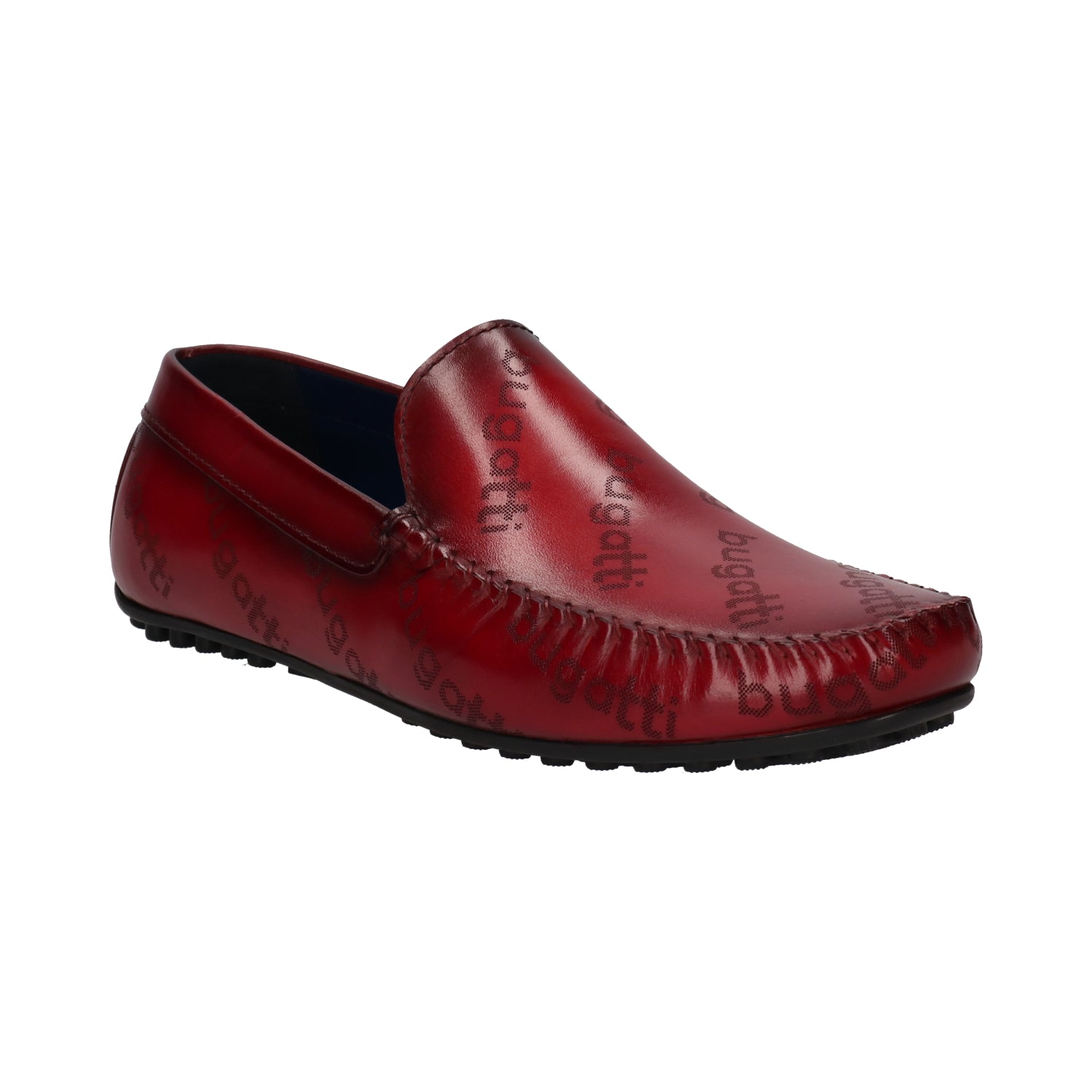 bugatti Tresmo slip-on shoe in dark red premium leather with all-over logo print.
