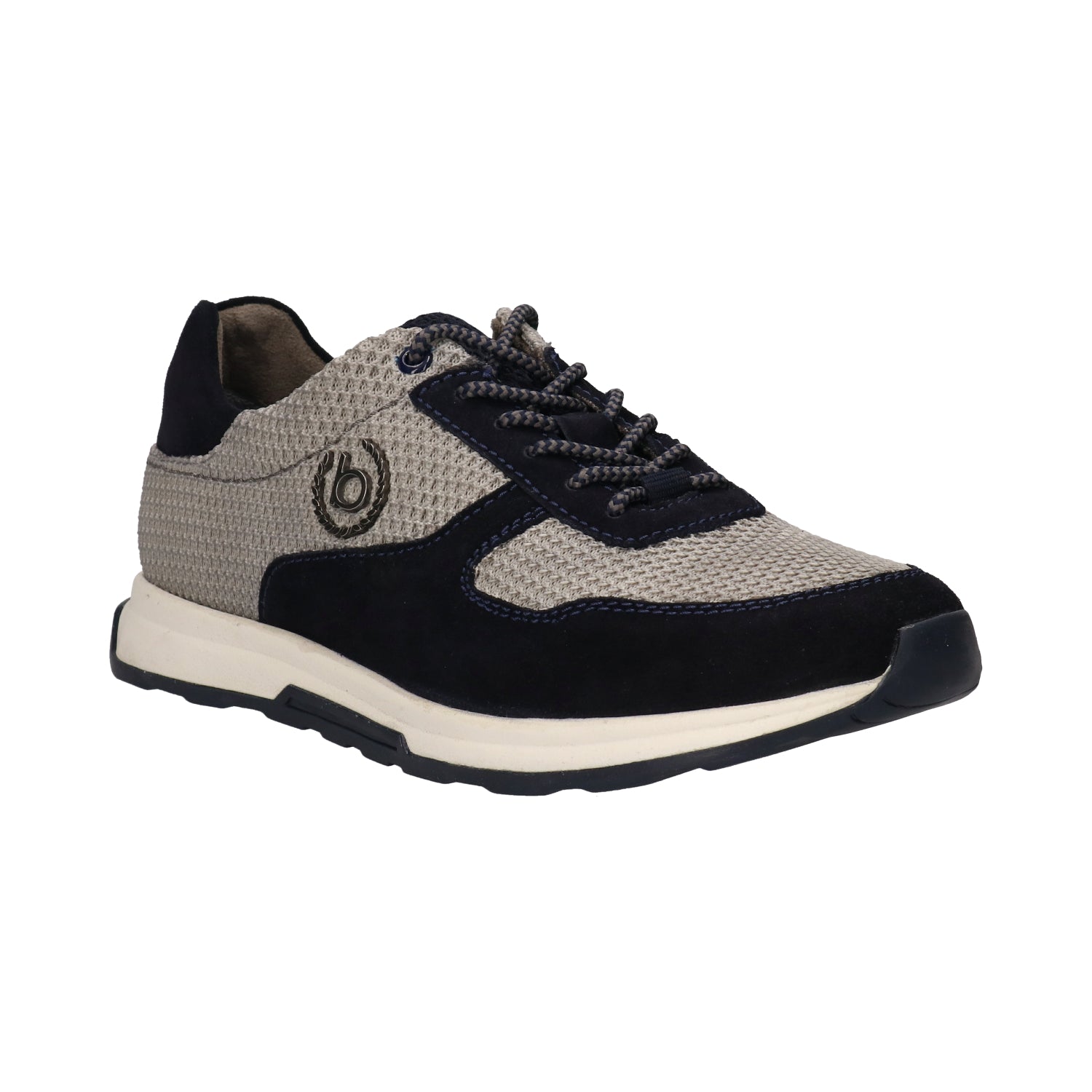 Side view of a bugatti Kensingtone sneaker in dark blue leather with gray mesh panels and textured laces.
