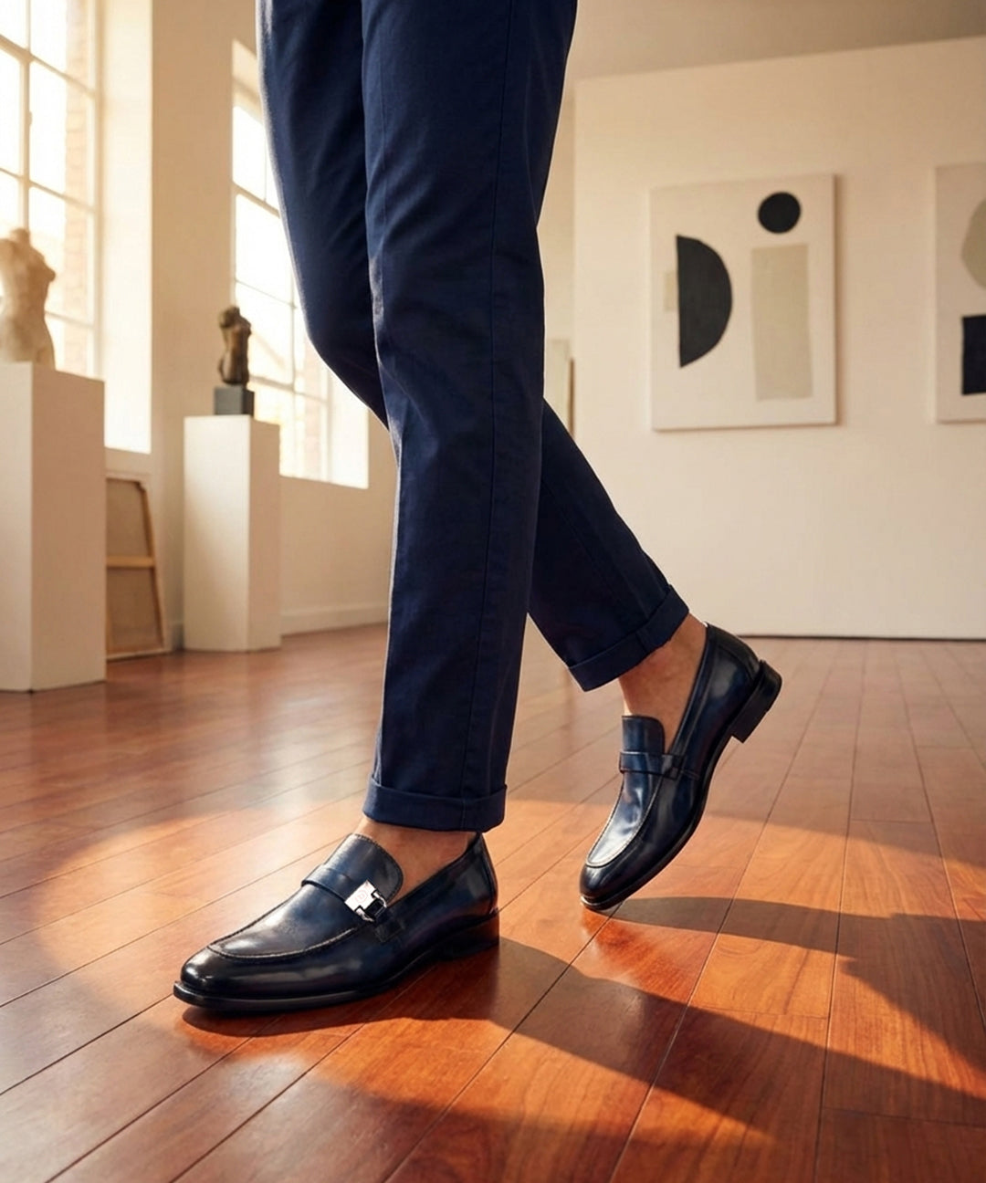 bugatti Mansueto Flex Blue premium leather penny loafers with a silver buckle, worn with navy slacks.