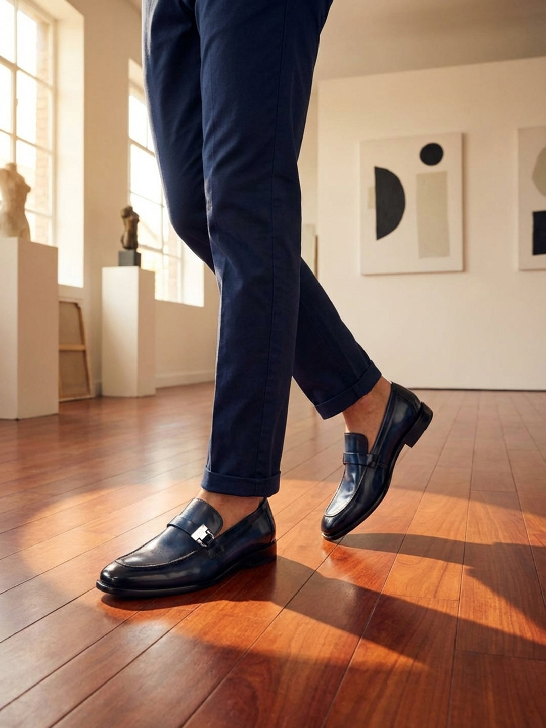 bugatti Mansueto Flex Blue premium leather penny loafers with a silver buckle, worn with navy slacks.