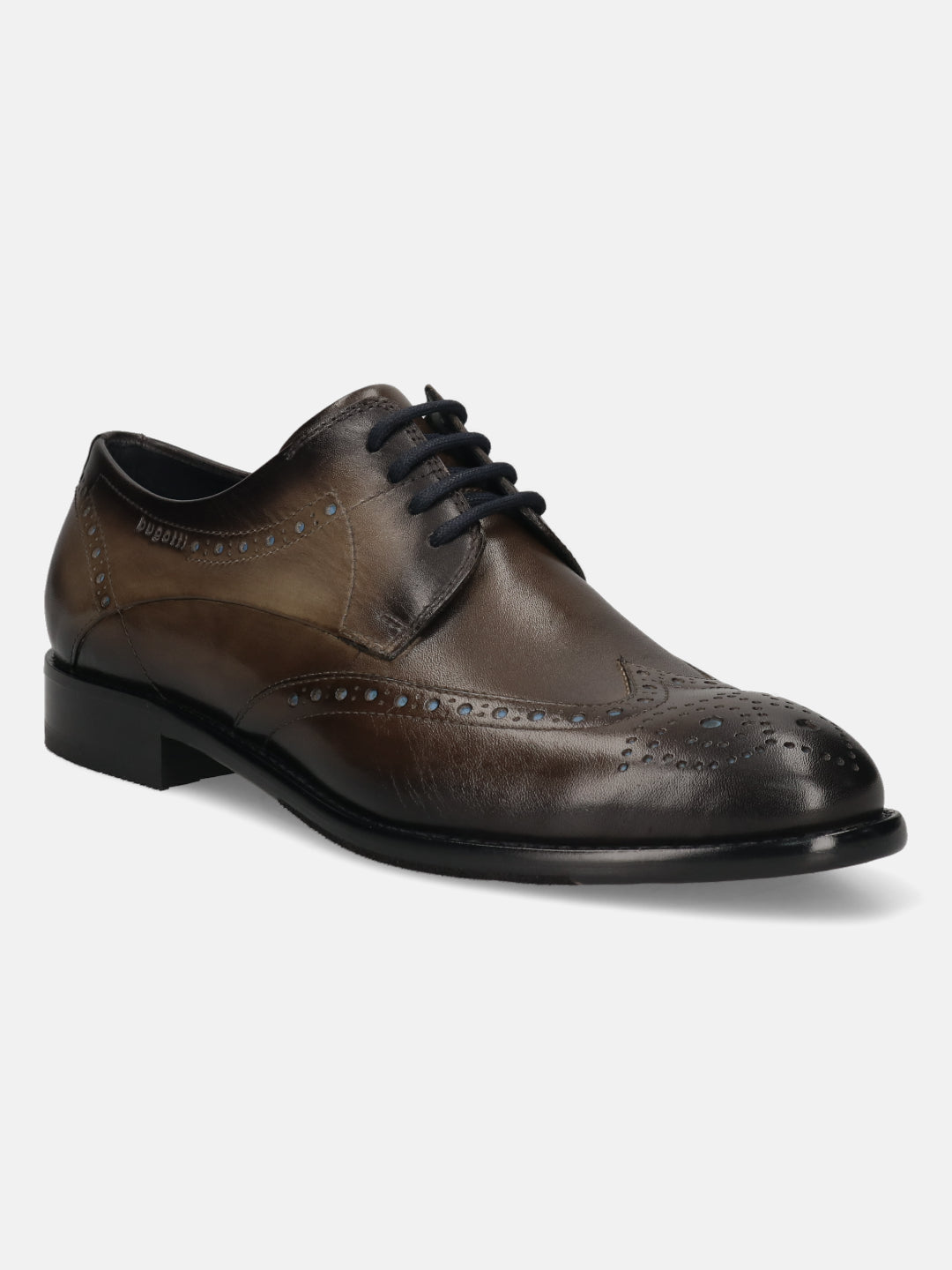 Men's Bugatti derby grey leather shoes with a round toe and wing tip featuring a stacked heel , a leather outsole , and laces fastening.