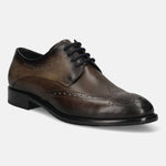 Men's Bugatti derby grey leather shoes with a round toe and wing tip featuring a stacked heel , a leather outsole , and laces fastening.
