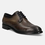Men's Bugatti derby grey leather shoes with a round toe and wing tip featuring a stacked heel , a leather outsole , and laces fastening.