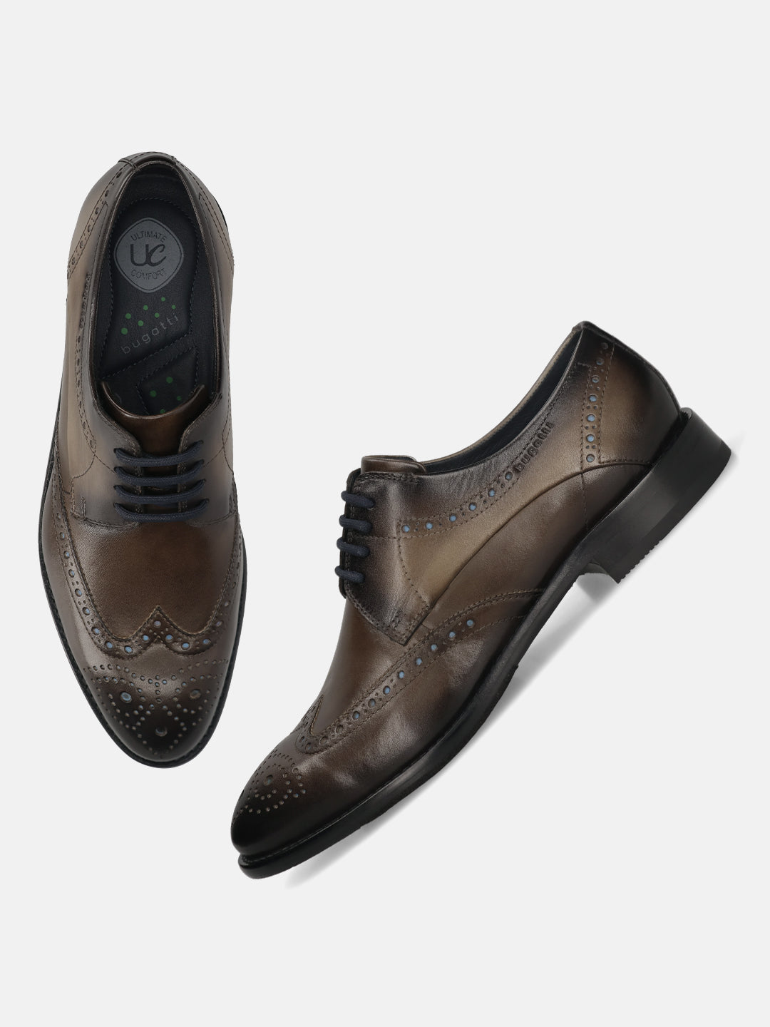 Men's Bugatti derby grey leather shoes with a round toe and wing tip featuring a stacked heel , a leather outsole , and laces fastening.