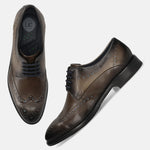 Men's Bugatti derby grey leather shoes with a round toe and wing tip featuring a stacked heel , a leather outsole , and laces fastening.