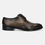 Men's Bugatti derby grey leather shoes with a round toe and wing tip featuring a stacked heel , a leather outsole , and laces fastening.