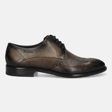 Men's Bugatti derby grey leather shoes with a round toe and wing tip featuring a stacked heel , a leather outsole , and laces fastening.