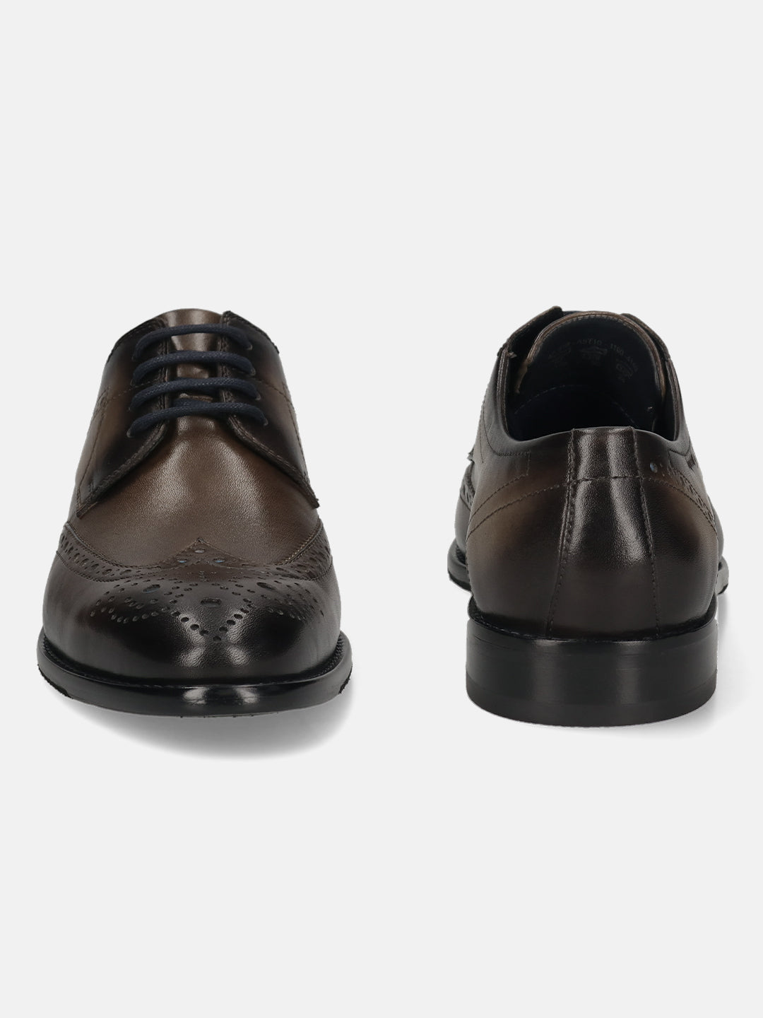 Men's Bugatti derby grey leather shoes with a round toe and wing tip featuring a stacked heel , a leather outsole , and laces fastening.