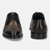 Men's Bugatti derby grey leather shoes with a round toe and wing tip featuring a stacked heel , a leather outsole , and laces fastening.