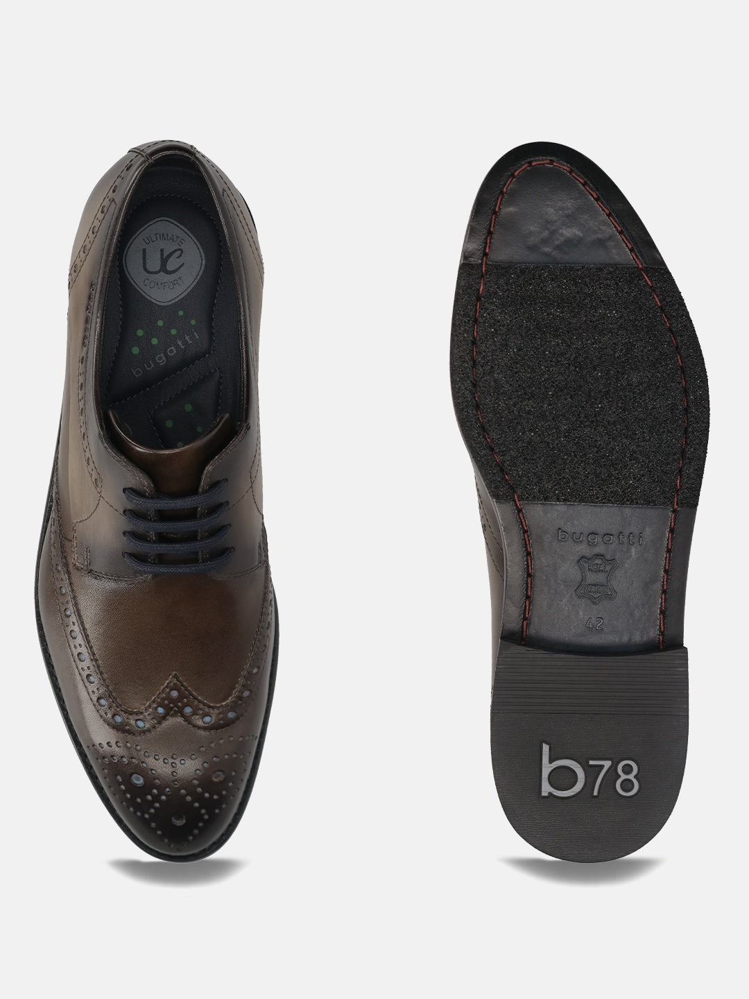 Men's Bugatti derby grey leather shoes with a round toe and wing tip featuring a stacked heel , a leather outsole , and laces fastening.