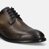 Men's Bugatti derby grey leather shoes with a round toe and wing tip featuring a stacked heel , a leather outsole , and laces fastening.