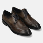 Men's Bugatti derby grey leather shoes with a round toe and wing tip featuring a stacked heel , a leather outsole , and laces fastening.