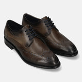 Men's Bugatti derby grey leather shoes with a round toe and wing tip featuring a stacked heel , a leather outsole , and laces fastening.