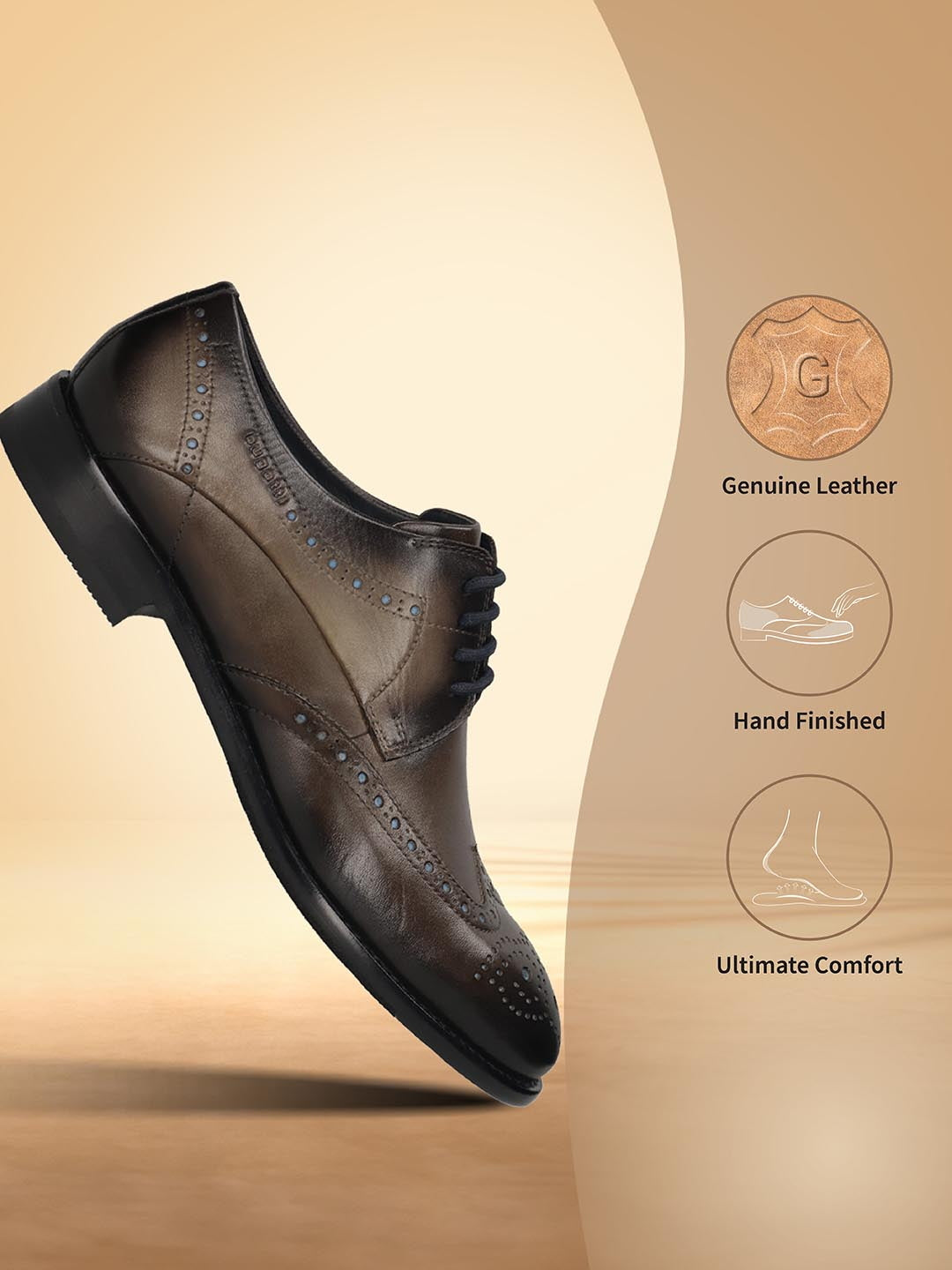 Men's Bugatti derby grey leather shoes with a round toe and wing tip featuring a stacked heel , a leather outsole , and laces fastening.