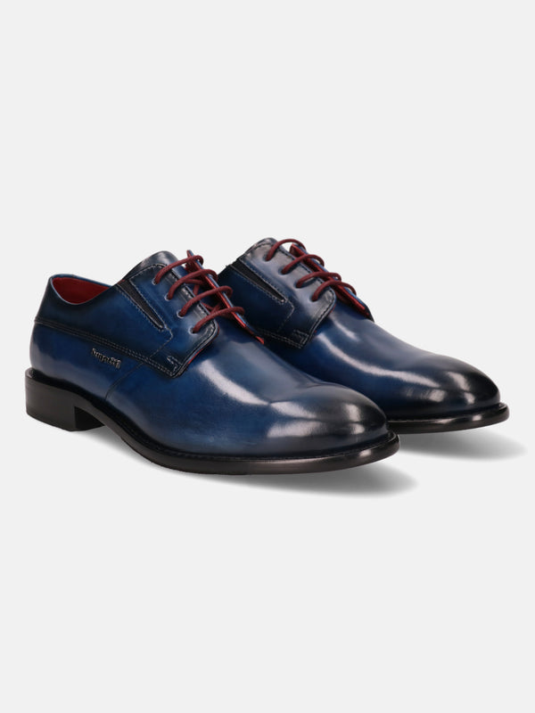 A blue Men's bugatti Derby featuring a round plain toe, stacked heel. Made from premium genuine leather with a durable leather outsole, this laces design offers both style and comfort.